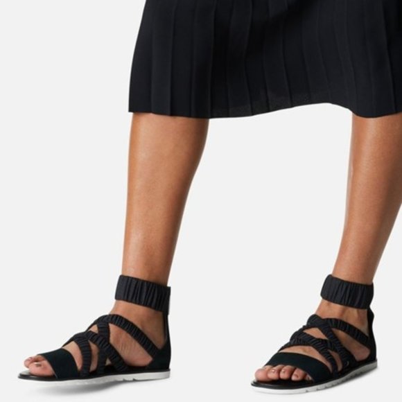 Sorel Ella II Ankle Strap Sandals Leather Flats Black Sea Salt Size 8 NEW - Picture 1 of 7